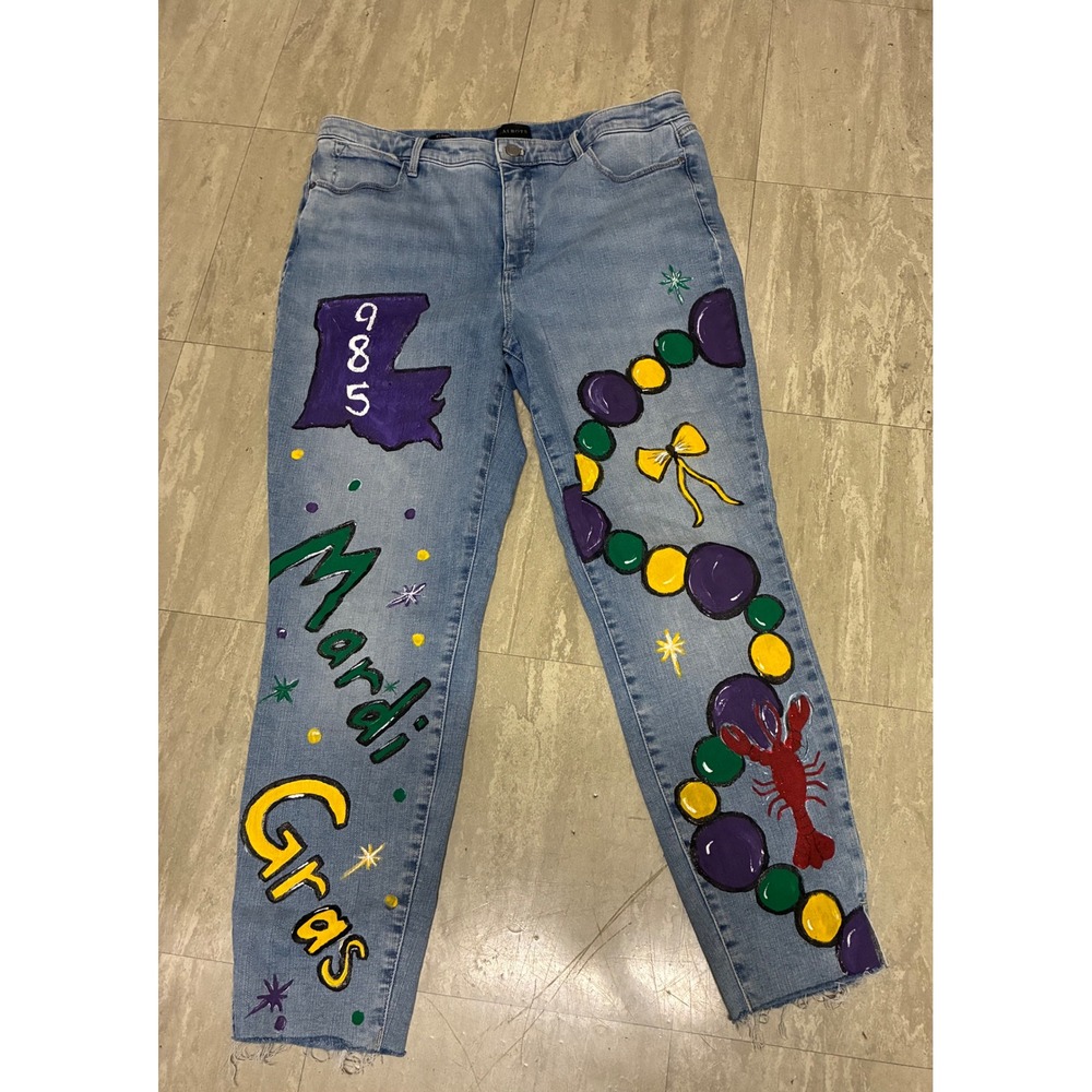 Talbots Mardi Gras Hand Painted Jeans Womens 16 Jegging Louisiana Crawfish 985
